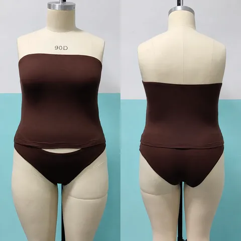 Women Sexy Solid Color Bandeau Top And Slim Fit Briefs Plus Size Elastic Polyester Sleeveless Casual Innerwear Streetwear