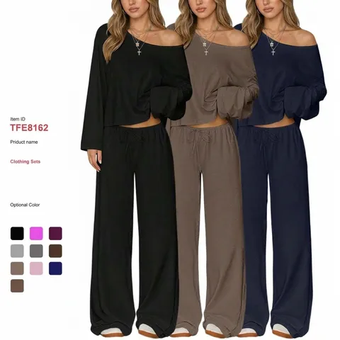 Women Off The Shoulder Long Sleeve Top And Wide Leg Pants Casual Solid Color Polyester Top And Bottom