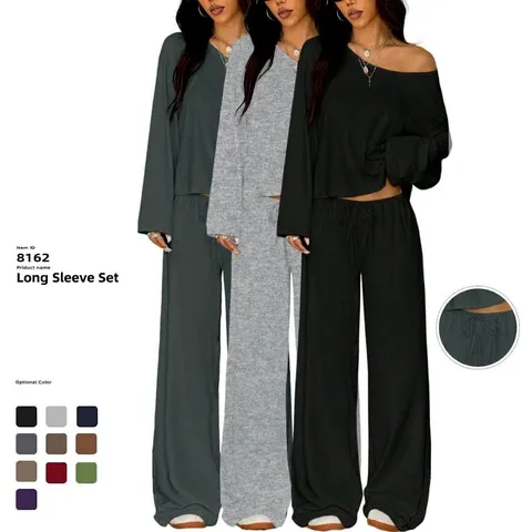 Women Off The Shoulder Long Sleeve Top And Wide Leg Pants Casual Solid Color Polyester Top And Bottom
