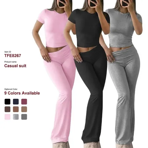 Women Casual Solid Color Slim Fit Short Sleeve Top And Flare Pants Two Piece Outfit Summer Fashion Daily Wear