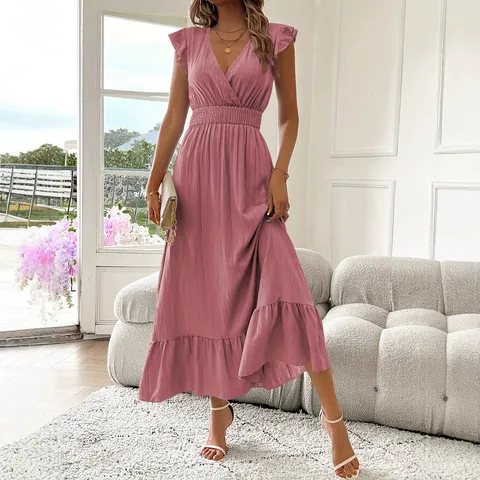 Damen V-Ausschnitt Kurzarm Hohe Taille Rüschen Maxikleid Casual Elegant Sommer Slim Fit Langes Kleid Für Party Alltag