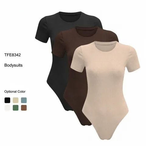 Bodysuit Côtelé Sexy pour Femmes Décontracté Couleur Unie Manches Courtes Col Rond Slim Fit Stretch Basic Bodysuit Top