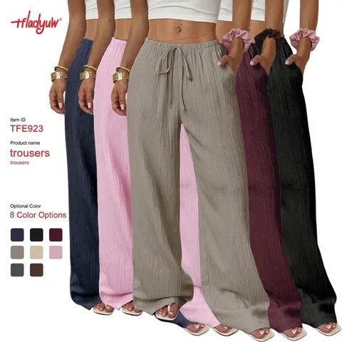 Women's Casual Solid Color Textured Fabric Drawstring Low Waist Wide Leg Pants Summer Fashion Long Trousers