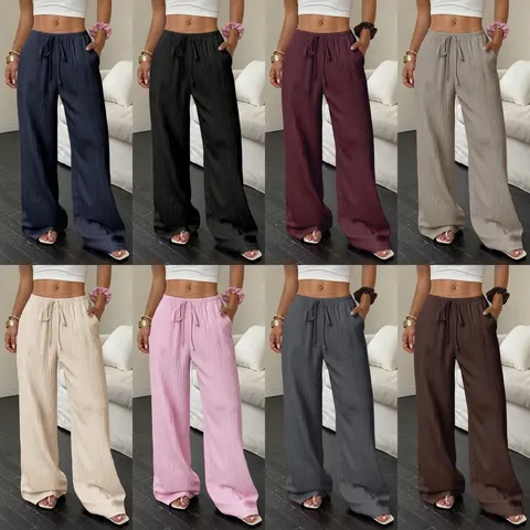 Women's Casual Solid Color Textured Fabric Drawstring Low Waist Wide Leg Pants Summer Fashion Long Trousers