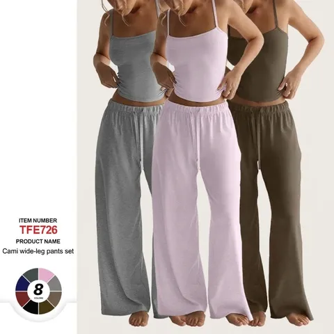 Women Casual Summer Two Piece Outfit Solid Color Camisole Crop Top And Wide Leg Pants Set Lazy Style Lounge Set