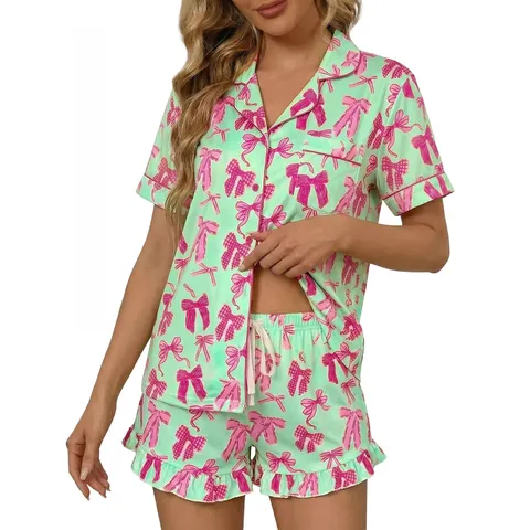 Donna Carino Cartone Animato Fiocco Stampa Manica Corta Revers Pigiama Set Dolce Casual Estate Abbigliamento da Casa Top e Pantaloni