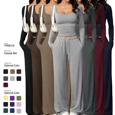 Women Casual Solid Color Square Neck Long Sleeve Top And Wide Leg Pants Outfit Set