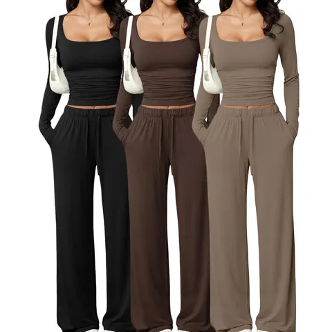 Women Casual Solid Color Square Neck Long Sleeve Top And Wide Leg Pants Outfit Set