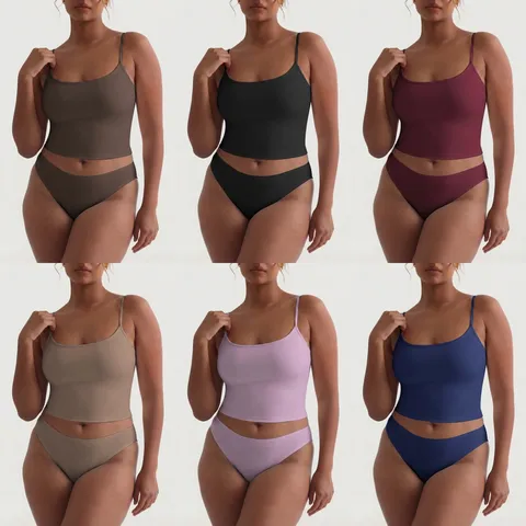 Women Plus Size Casual Solid Color Camisole Tank Top And Briefs Set Summer Basic Sleeveless Top Underwear