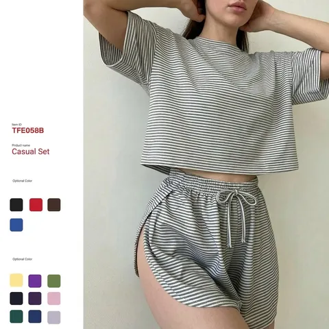 Women Casual Striped Short Sleeve Top And Bottom Loose Soft Sleepwear Loungewear Polyester Pullover Outfit