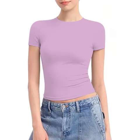 Camiseta Casual de Color Sólido de Manga Corta para Mujer Ajustado Cuello Redondo Básico Poliéster Seda de Leche Top de Verano