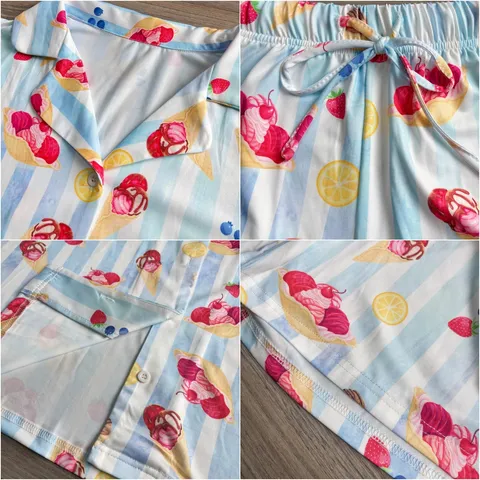 Ensemble Pyjama Femme Imprimé Fruits Revers Manches Courtes Chemise Boutonnée Et Short Vêtement De Nuit Décontracté
