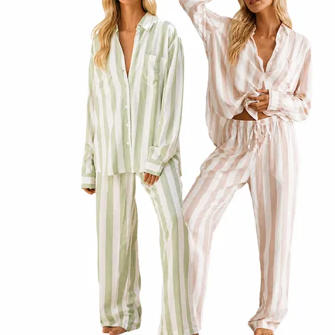 Women's Casual Striped Loungewear Set Long Sleeve Turn-Down Collar Shirt and Straight Pants Polyester Spandex Sleepwear