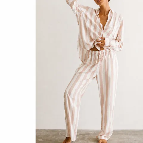 Women's Casual Striped Loungewear Set Long Sleeve Turn-Down Collar Shirt and Straight Pants Polyester Spandex Sleepwear