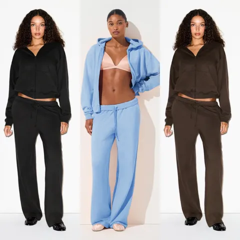 European Style Women Top And Bottom Long Sleeve Zipper Hooded Sweatshirt And Loose Wide Leg Pants Casual Sports Suit