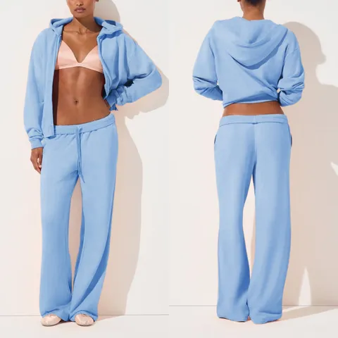 European Style Women Top And Bottom Long Sleeve Zipper Hooded Sweatshirt And Loose Wide Leg Pants Casual Sports Suit