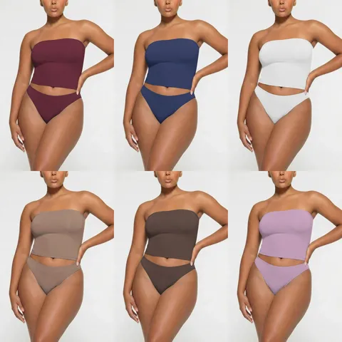 Mujeres Sexy Color Sólido Top Bandeau Y Braguitas Slim Fit Talla Grande Elástico Poliéster Sin Mangas Casual Innerwear Streetwear