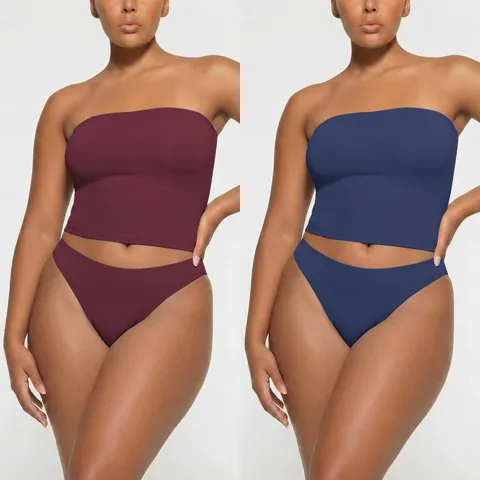 Mujeres Sexy Color Sólido Top Bandeau Y Braguitas Slim Fit Talla Grande Elástico Poliéster Sin Mangas Casual Innerwear Streetwear