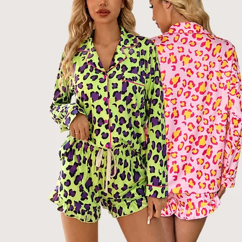 Women's Leopard Print Long Sleeve Pajama Set Lapel Button Down Top and Shorts Sleepwear Casual Home Loungewear