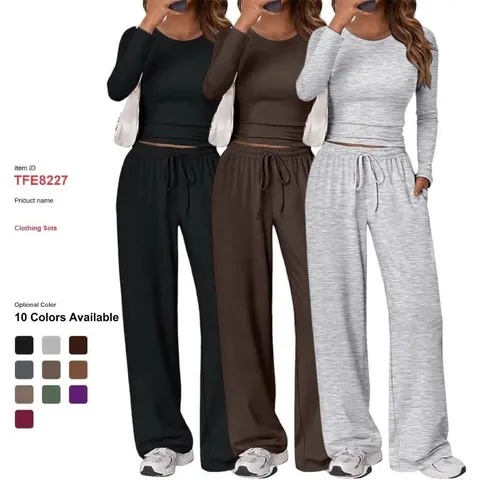 Women's Casual Solid Color Crewneck Long Sleeve Top And Wide Leg Pants Set Autumn Winter Fashion Two Piece Outfit