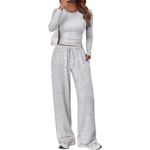 Women's Casual Solid Color Crewneck Long Sleeve Top And Wide Leg Pants Set Autumn Winter Fashion Two Piece Outfit