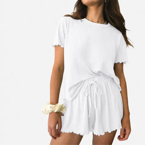 Women Casual Ribbed Knit Short Sleeve Top And Drawstring Shorts Pajama Set Solid Color Summer Loungewear Outfit