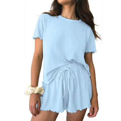Women Casual Ribbed Knit Short Sleeve Top And Drawstring Shorts Pajama Set Solid Color Summer Loungewear Outfit