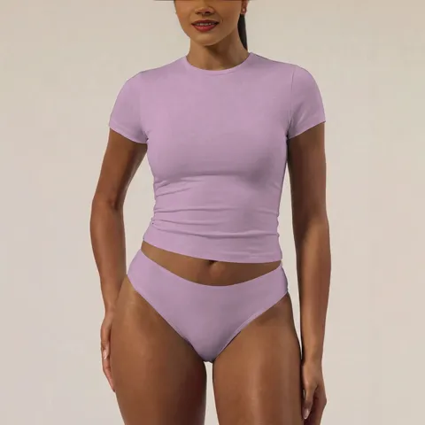 Women Casual Solid Color Short Sleeve T-Shirt And Briefs Top And Bottom Slim Fit Round Neck Daily Outfits