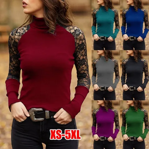 T-Shirt à Manches Longues et Col Montant Décontracté pour Femme Slim Fit Patchwork Dentelle Uni Top