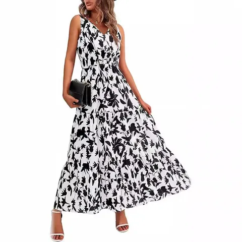 Mujer Casual Cuello en V Sin Mangas Floral Estampado Vestido Largo Cintura Alta Elástica Vestido Maxi Verano Vacaciones Playa