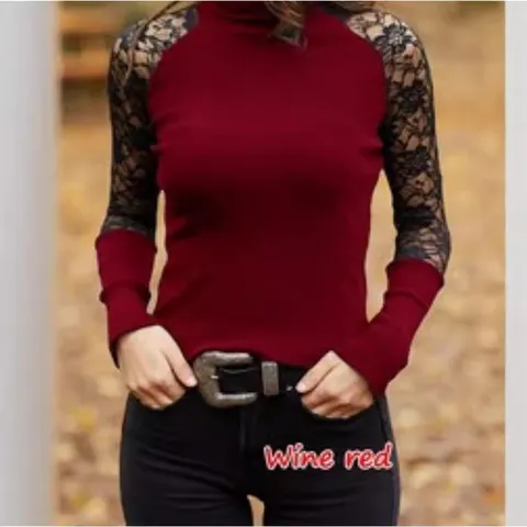 T-Shirt à Manches Longues et Col Montant Décontracté pour Femme Slim Fit Patchwork Dentelle Uni Top