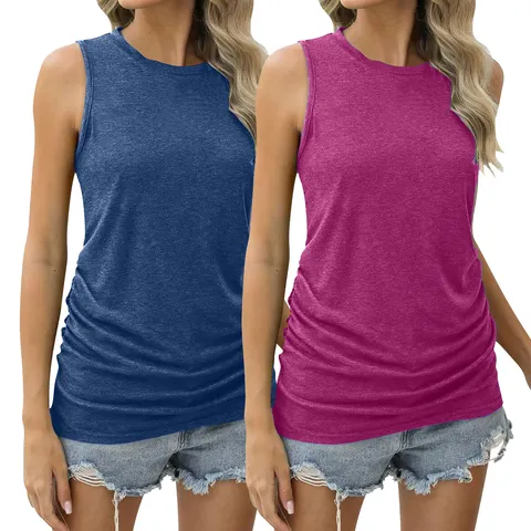 Damen Sommer Einfarbig Ärmellos Trägertop Casual Strick Slim Fit Seitenfalten Top Set Mode Bekleidung