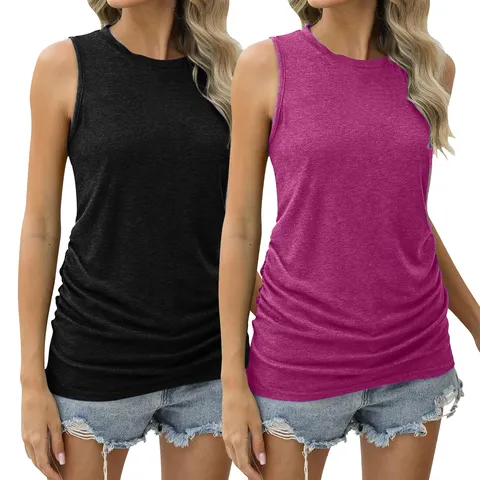 Damen Sommer Einfarbig Ärmellos Trägertop Casual Strick Slim Fit Seitenfalten Top Set Mode Bekleidung