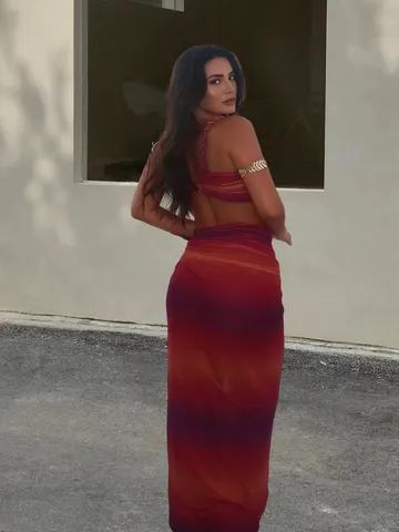 Damen Sommer Sexy Rückenfreier Farbverlauf Gedruckter Halter Crop Top Und Hohe Taille Plissierter Langer Rock Top Und Unterteil Outfit