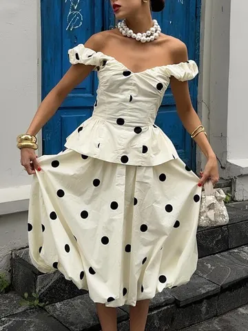 Damen Elegantes Polka Dot V-Ausschnitt Rüschen Ärmellos Top Und Hohe Taille Bubble Midirock Lässiges Mode Outfit