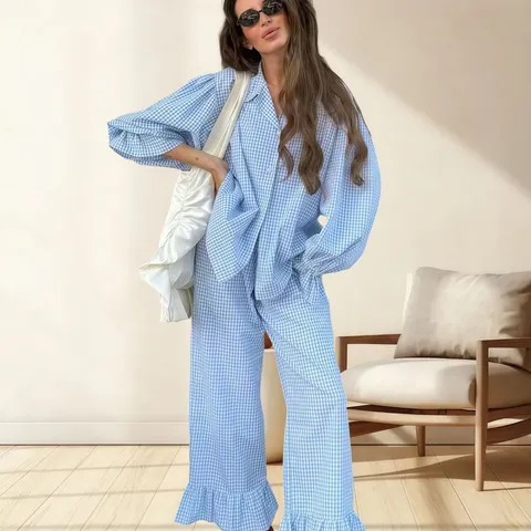 Damen Casual Winter Langarm Karos Loungewear Oberteil Und Hose Trompetenärmel Revers Knopf Weiche Nachtwäsche