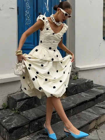 Damen Elegantes Polka Dot V-Ausschnitt Rüschen Ärmellos Top Und Hohe Taille Bubble Midirock Lässiges Mode Outfit
