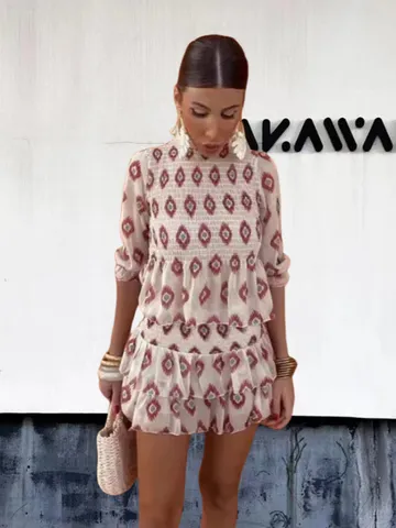 Damen Bedruckter Stehkragen Halbarm Bluse Und Minirock Top Und Unten Casual Mode Blumen Outfit Tägliche Kleidung