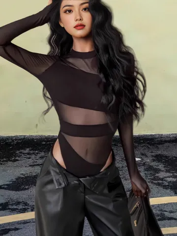 Damen Sexy Langarm Body Einfarbig Ausschnitt Schmale Passform Mesh Patchwork Streetwear Clubwear Top