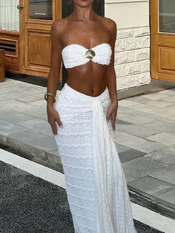 Damen Top und Unterteil Sexy Trägerloses Oberteil und Maxirock Metalldekor Polyester Urlaubsoutfit Sommertageskleidung