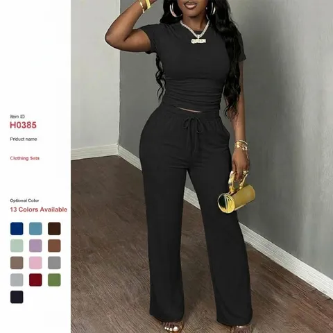 Damen Casual Zweiteiliges Set Kurzarm Plissiertes Oberteil Und Gerade Freizeithose Y2K Sommer Streetwear