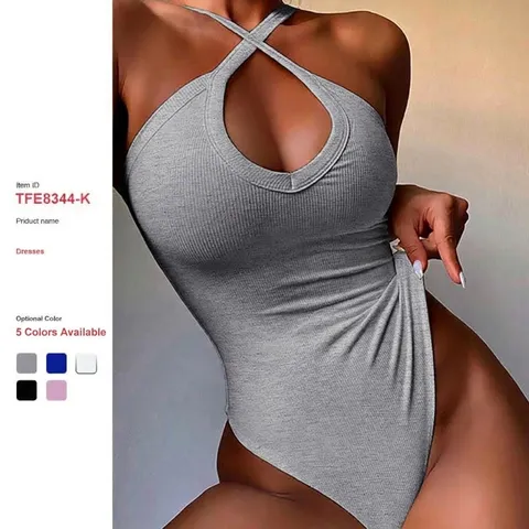 Women's Sexy Halter Neck Bodysuit Summer Solid Color Sleeveless Slim Fit Ribbed Knit Casual Basic Bodysuit