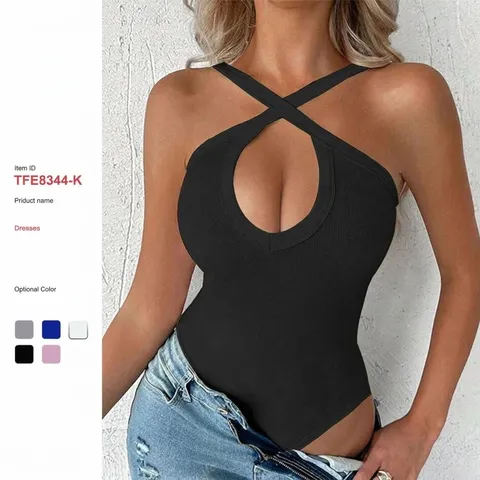 Women's Sexy Halter Neck Bodysuit Summer Solid Color Sleeveless Slim Fit Ribbed Knit Casual Basic Bodysuit