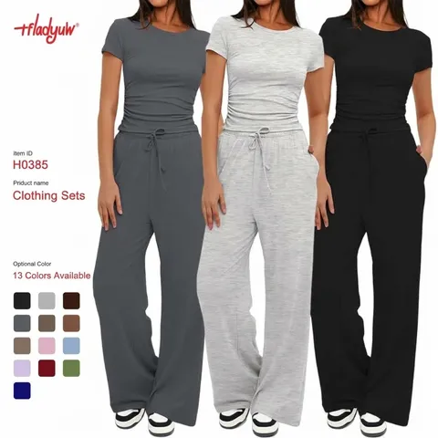 Women's Casual Solid Color Short Sleeve Top And High Waist Wide Leg Pants Tracksuit Set