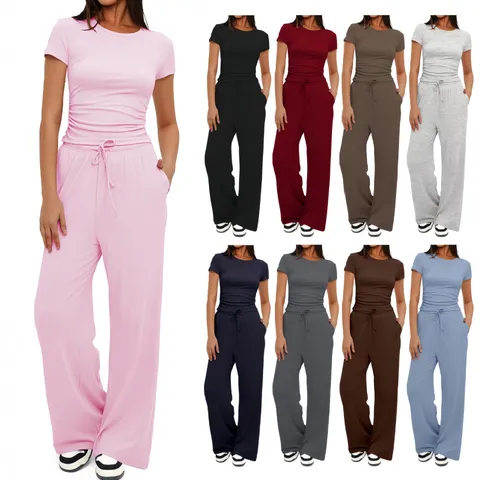 Women's Casual Solid Color Short Sleeve Top And High Waist Wide Leg Pants Tracksuit Set