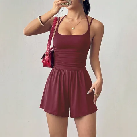 Women's Casual Sleeveless Halter Neck Solid Color Romper Slim Fit Wide Leg Jumpsuit Summer Fashion Sexy Streetwear Clothing