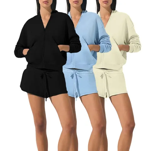 Women Casual Long Sleeve Hooded Zipper Sweatshirt And Shorts Top And Bottom Solid Color Loose Sports Outfit