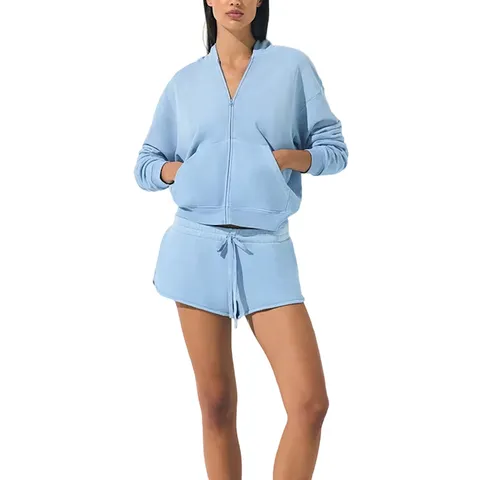Women Casual Long Sleeve Hooded Zipper Sweatshirt And Shorts Top And Bottom Solid Color Loose Sports Outfit
