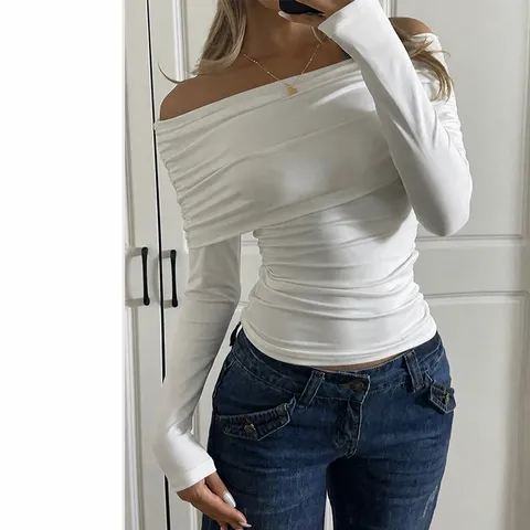 Camiseta Sexy de Manga Larga con Hombros Fuera para Mujer Color Sólido Ajustado Casual Top Basic de Seda de Leche Moda Otoño