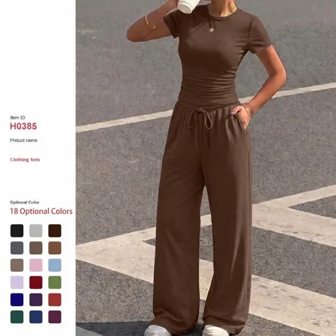 Women Casual Solid Color Short Sleeve Top And Loose Drawstring Wide Leg Pants Set Fashion Loungewear